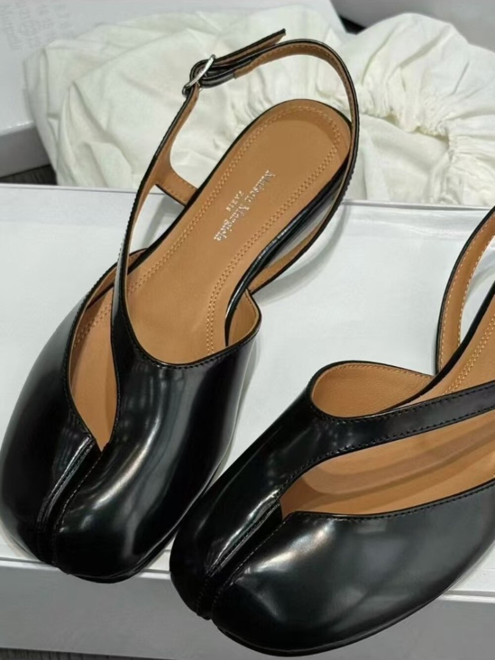 Maison Margiela Tabi Black Patent Leather Slingback Flat Shoes